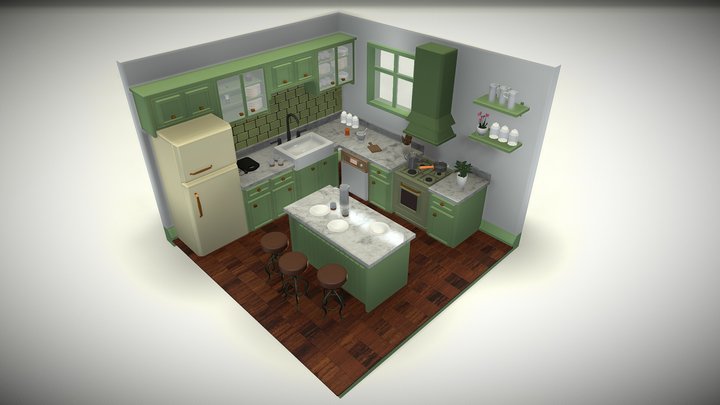 Modern Kitchen with Green Accents 3D Model