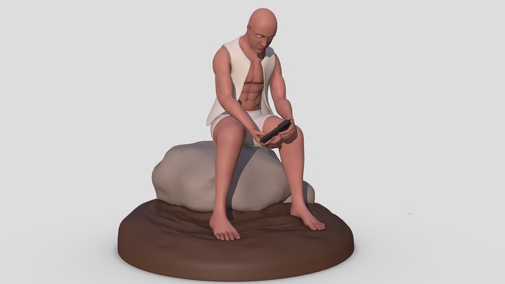 Male Sitting on a Rock holding a gun 3D Model