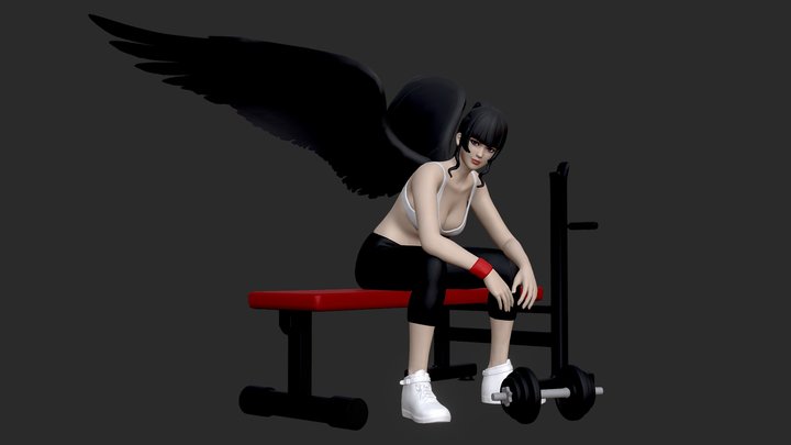 Nyotengu in sportswear with wings and dumbells 3D Model