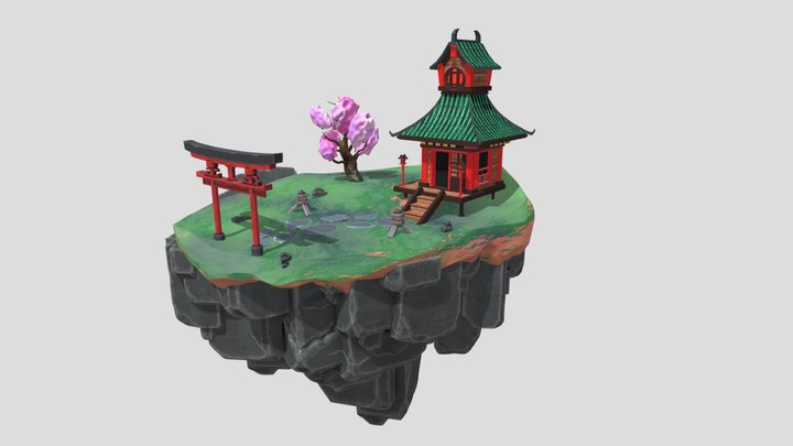Stylized Asian Flying island scene 3D Model