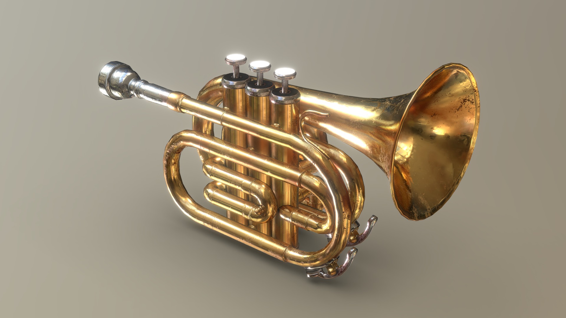 3D model Pocket Trumpet - This is a 3D model of the Pocket Trumpet. The 3D model is about a gold and silver trumpet.