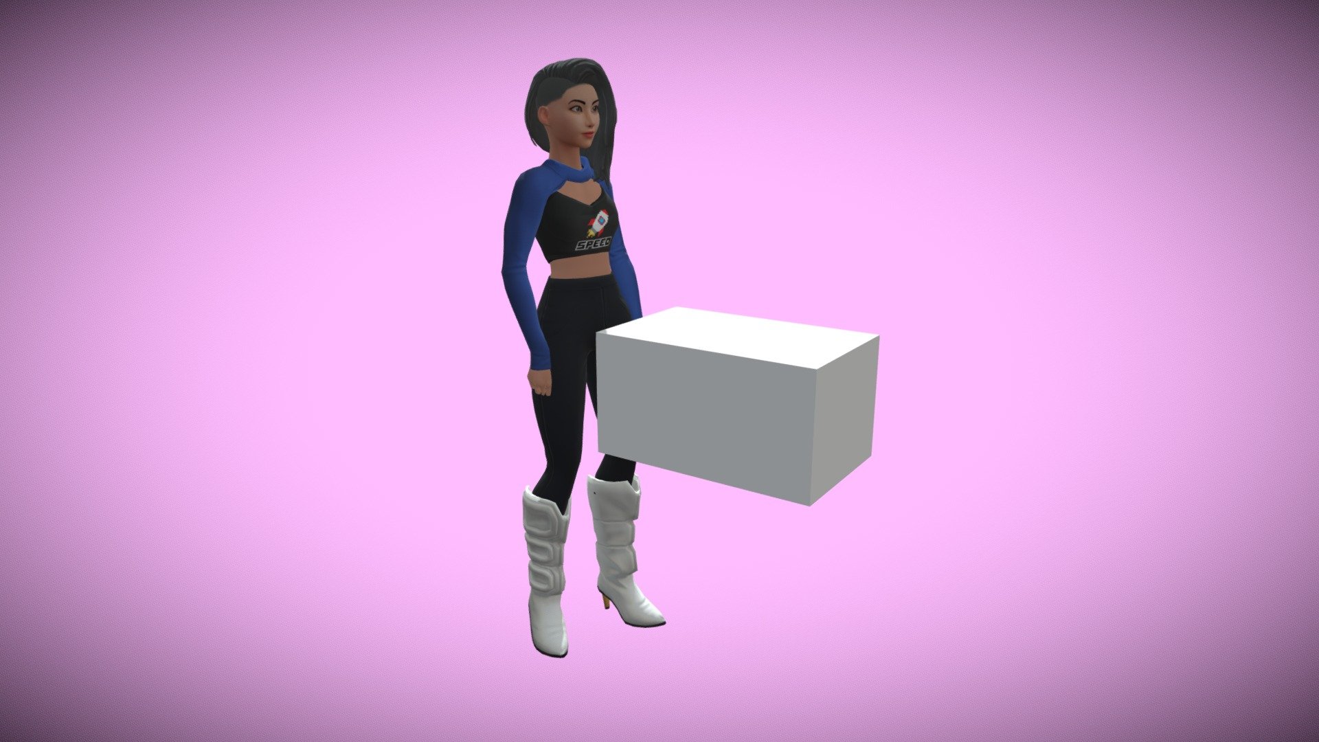 Animated Female Character Taps Cube