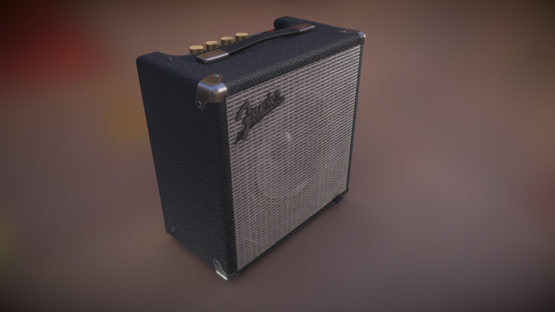 3D model Fender Rumble 15 Bass Amp High-Poly - This is a 3D model of the Fender Rumble 15 Bass Amp High-Poly. The 3D model is about a black rectangular object with a metal handle on a brown surface.