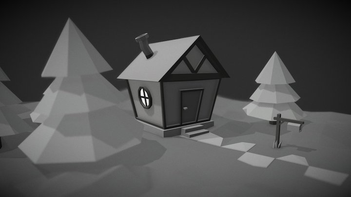 Grayscale low poly cabin 3D Model
