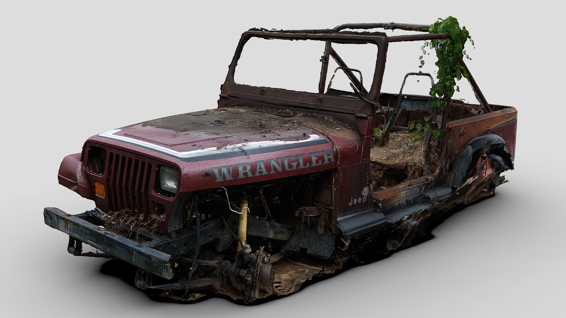 3D model Burned Jeep (Raw Scan) - This is a 3D model of the Burned Jeep (Raw Scan). The 3D model is about a red truck with a plant on the back.
