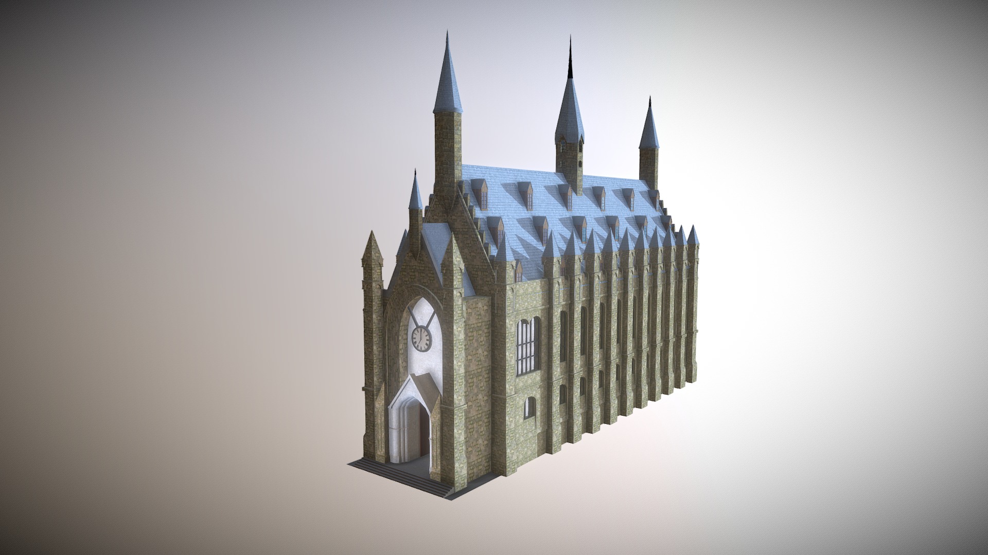 3D model Great Hall Hogwarts - This is a 3D model of the Great Hall Hogwarts. The 3D model is about a clock tower on a building.