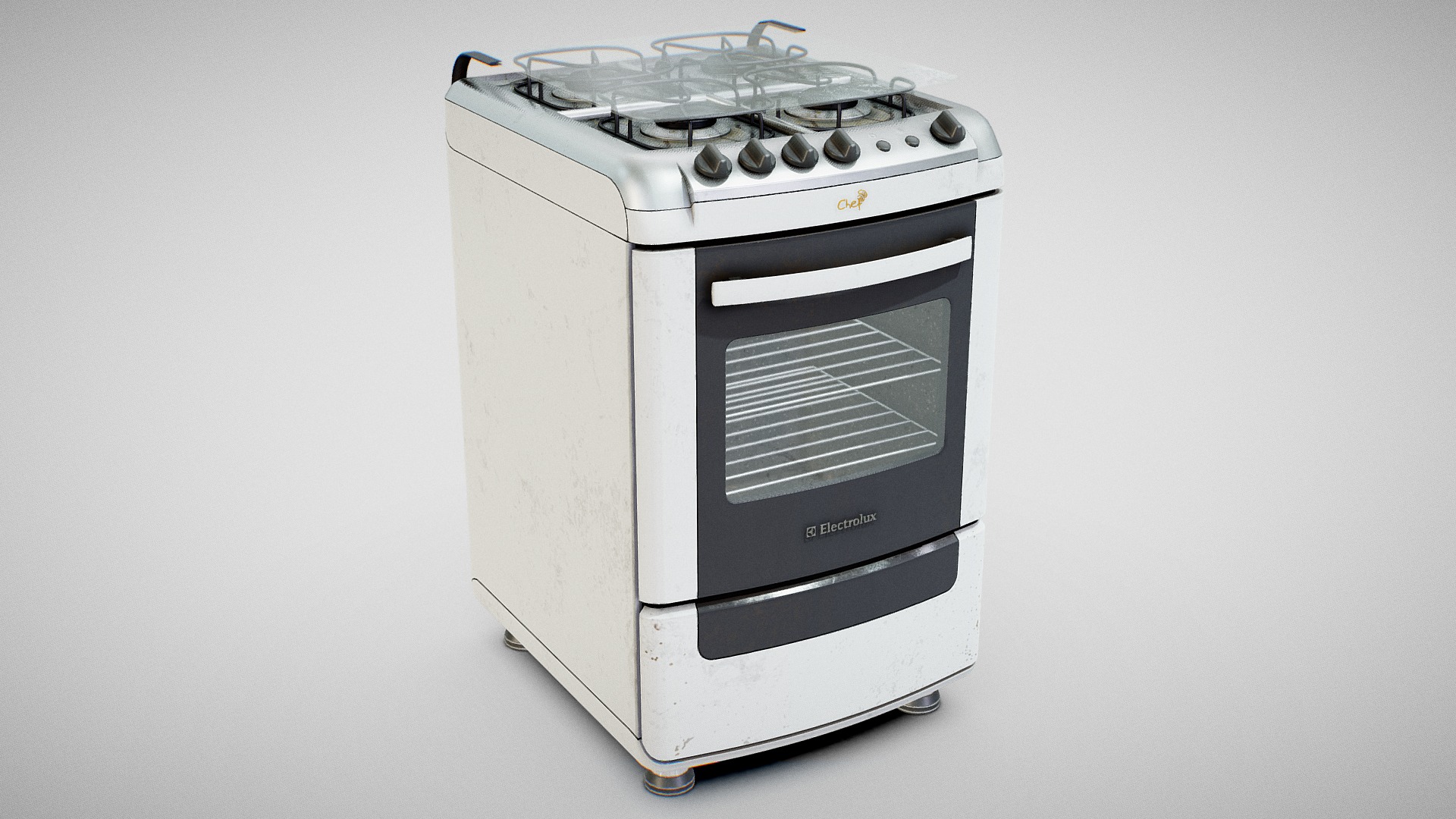 3D model Gas Stove – Electrolux 52SM (Used) - This is a 3D model of the Gas Stove - Electrolux 52SM (Used). The 3D model is about a white and black stove.