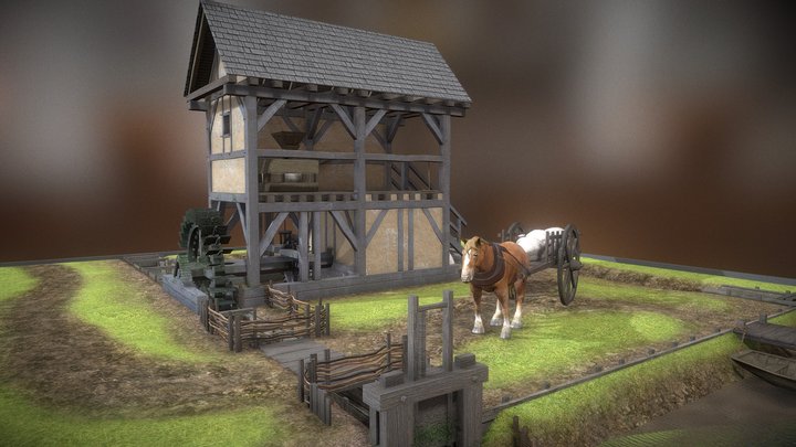 Animated medieval watermill 3D Model
