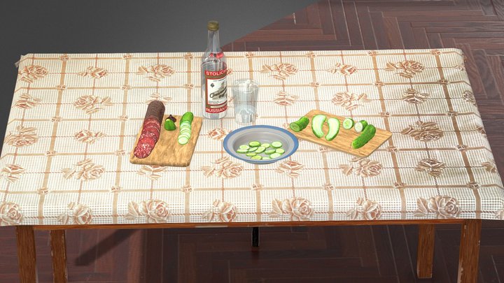 Soviet dinner table Asset (with food and drinks) 3D Model