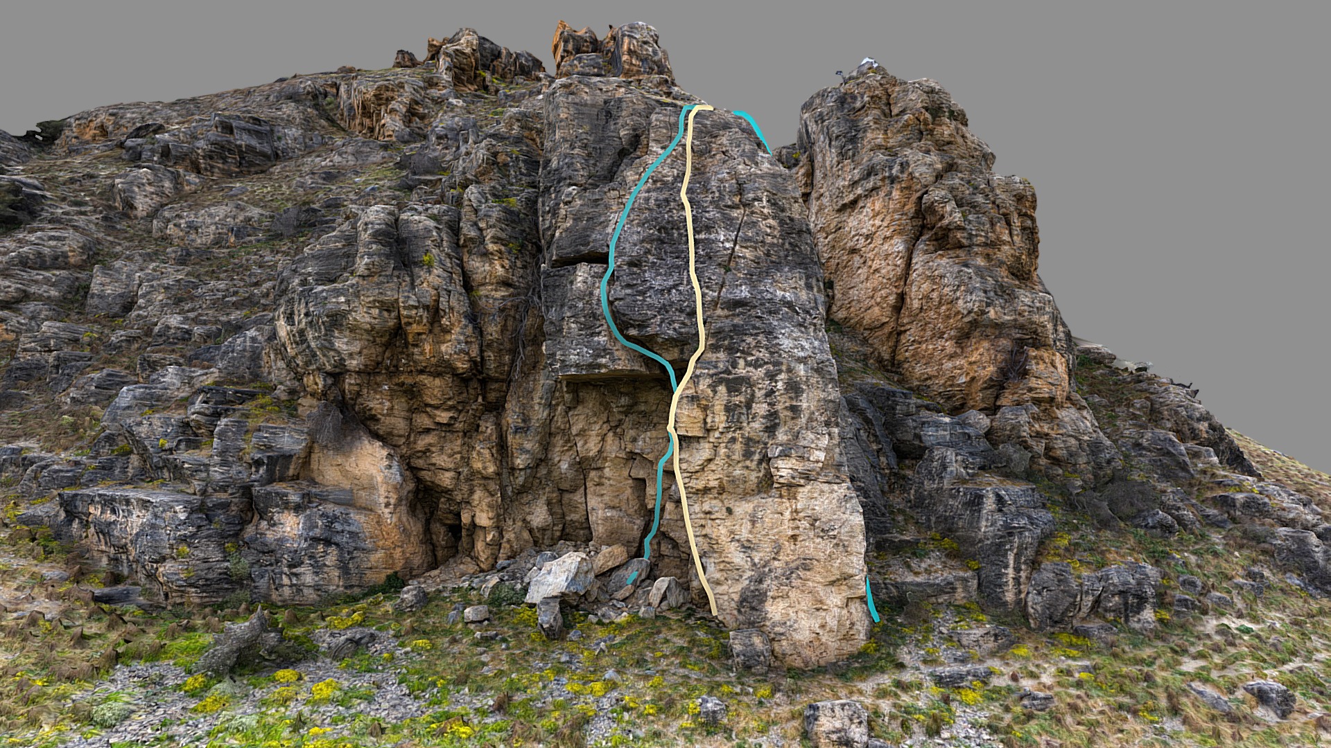 3D model VirtualMount Gintiki Climbing Sector 1 - This is a 3D model of the VirtualMount Gintiki Climbing Sector 1. The 3D model is about a large rock with a rope attached.