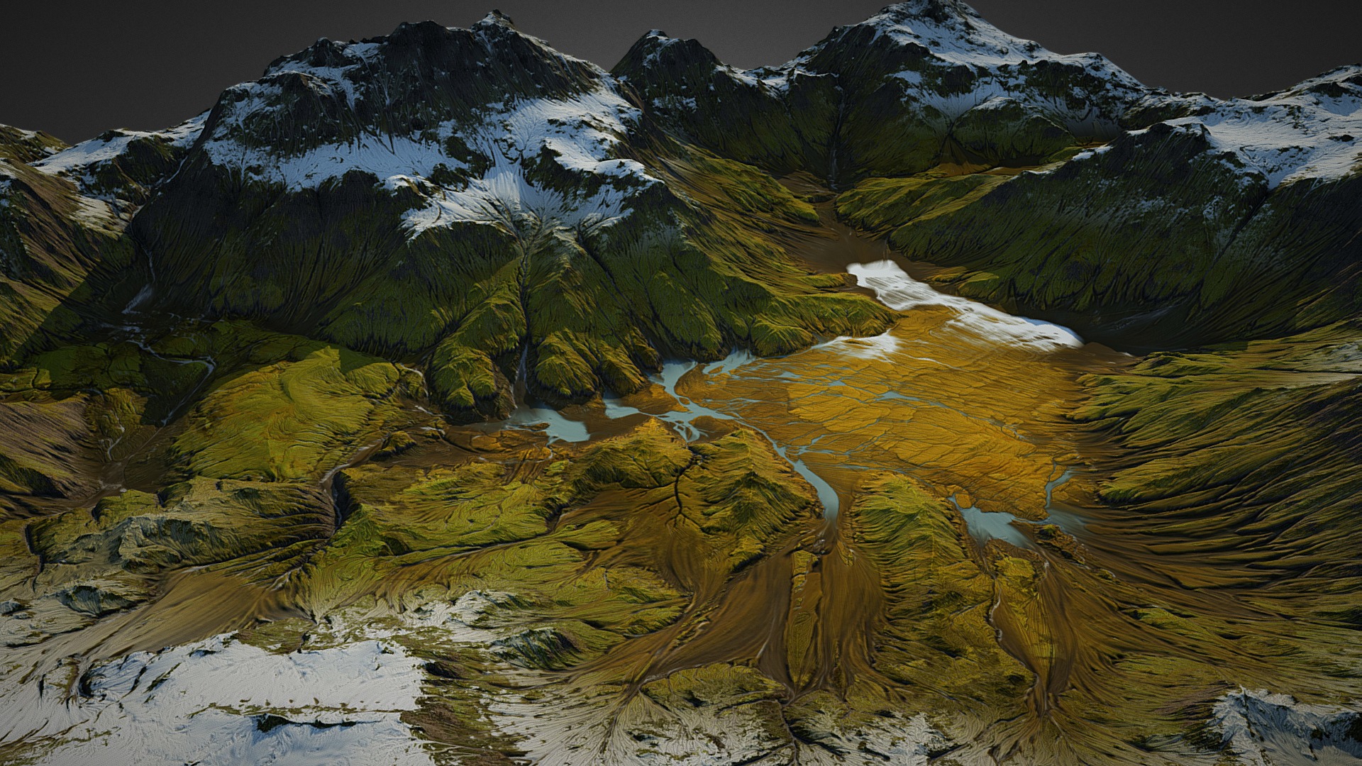 3D model Iceland landscape (World Machine) - This is a 3D model of the Iceland landscape (World Machine). The 3D model is about a river running through a snowy mountainous region.