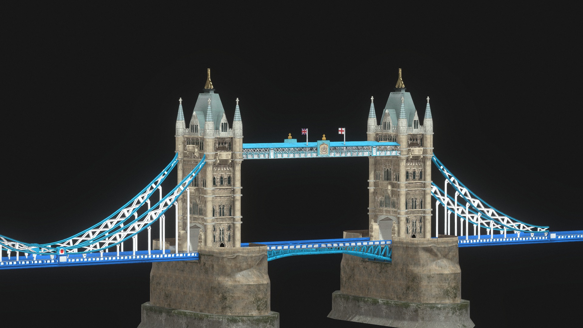 3D model Tower Bridge - This is a 3D model of the Tower Bridge. The 3D model is about Tower Bridge with towers and a blue bridge in the background.
