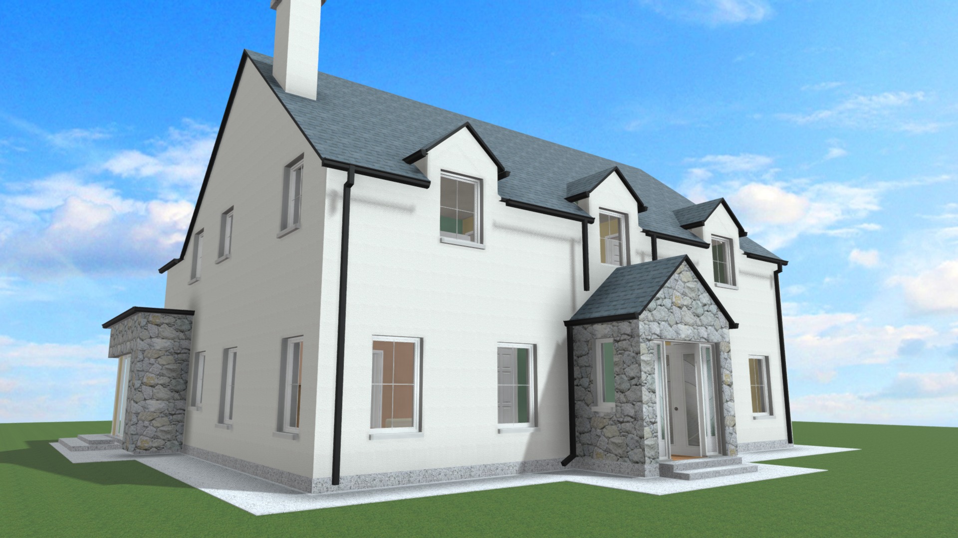 3D model Country House Typical 4/5 Bedroom Design - This is a 3D model of the Country House Typical 4/5 Bedroom Design. The 3D model is about a white house with a lawn.