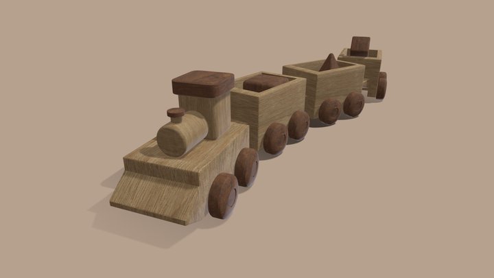 Wooden Toy Train with Trailer | Locomotive Train 3D Model