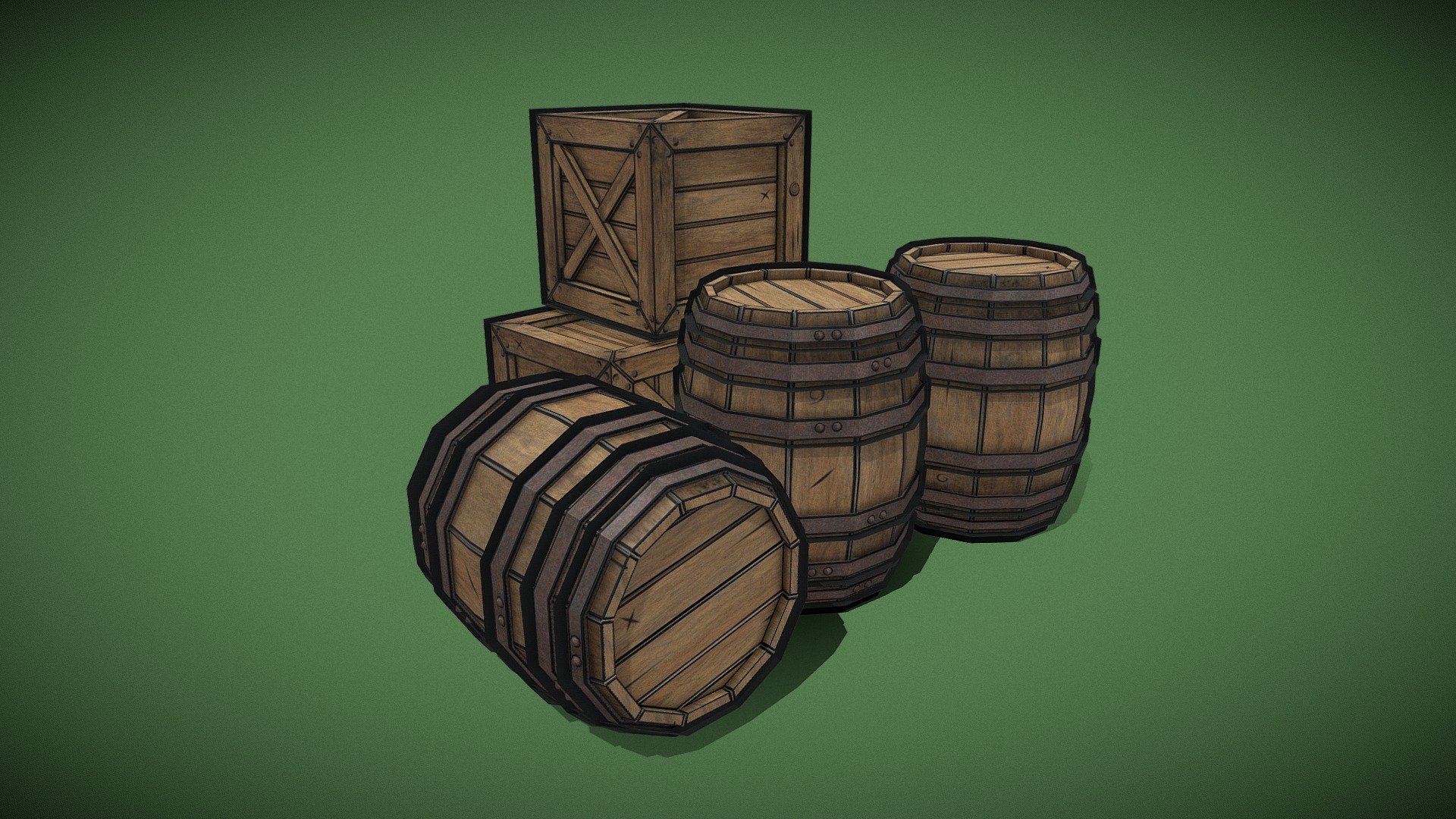 Stylized wooden barrel and  box