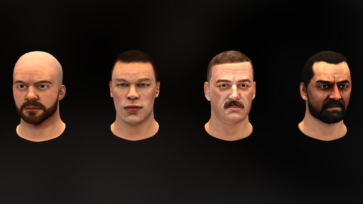 4 Male Heads 3D Model