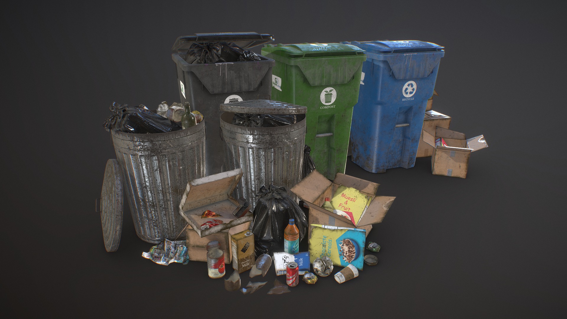 3D model Urban Trash Pack Vol 2 – Low Poly - This is a 3D model of the Urban Trash Pack Vol 2 - Low Poly. The 3D model is about a group of garbage cans and bottles.