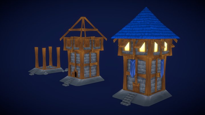 Fantasy RTS Guard Tower Building Stages 3D Model