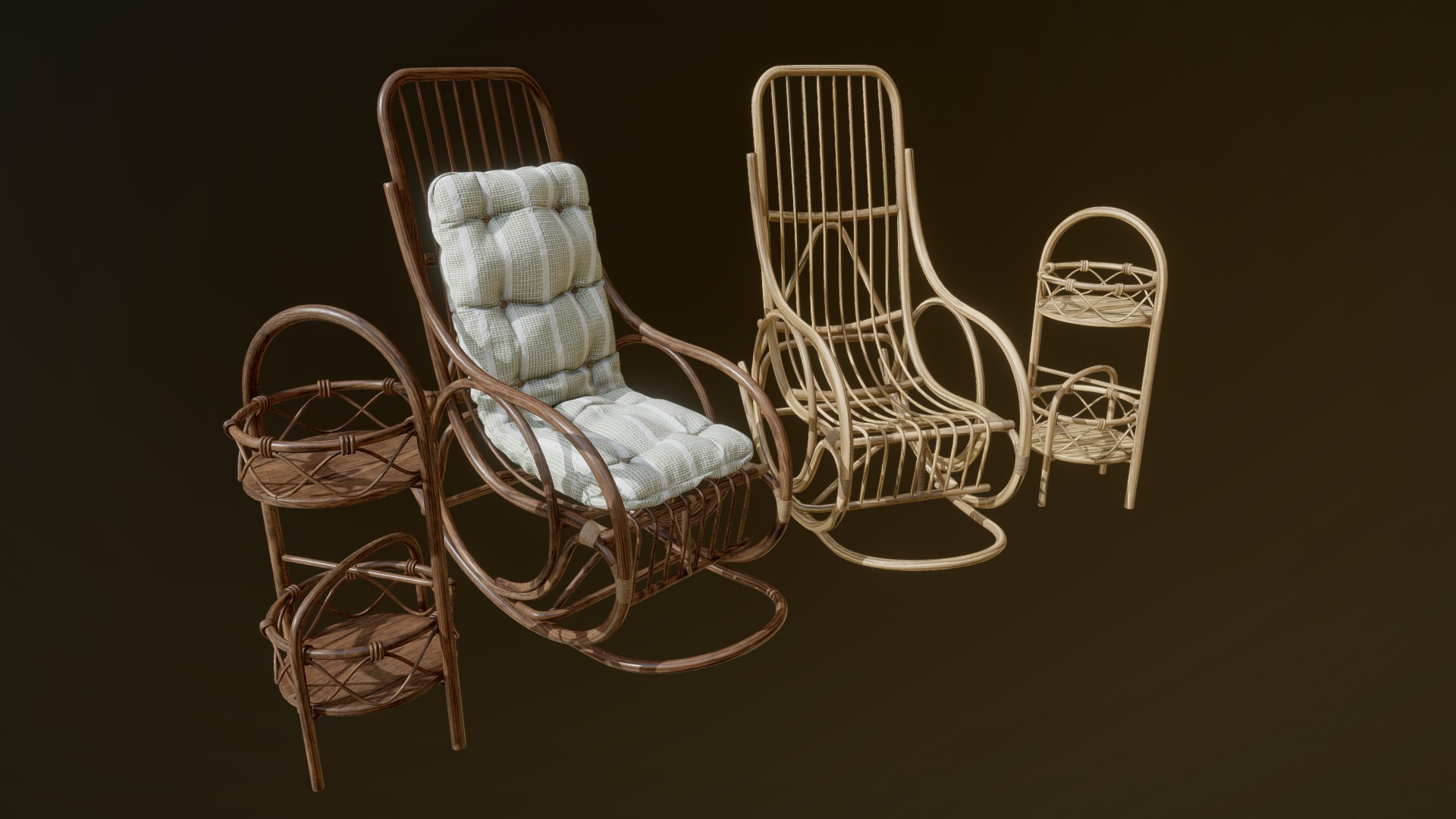 3D model Rocking Chair with Cushion and Side Table - This is a 3D model of the Rocking Chair with Cushion and Side Table. The 3D model is about a couple of chairs.