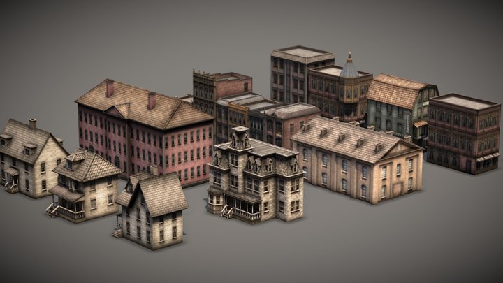 Old Style Low Poly Buildings Collection 3D Model