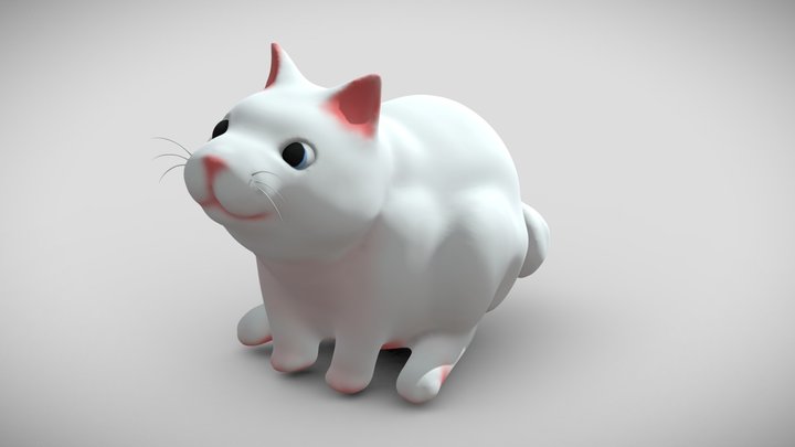 Sitting short tail white fat cat 001 3D Model