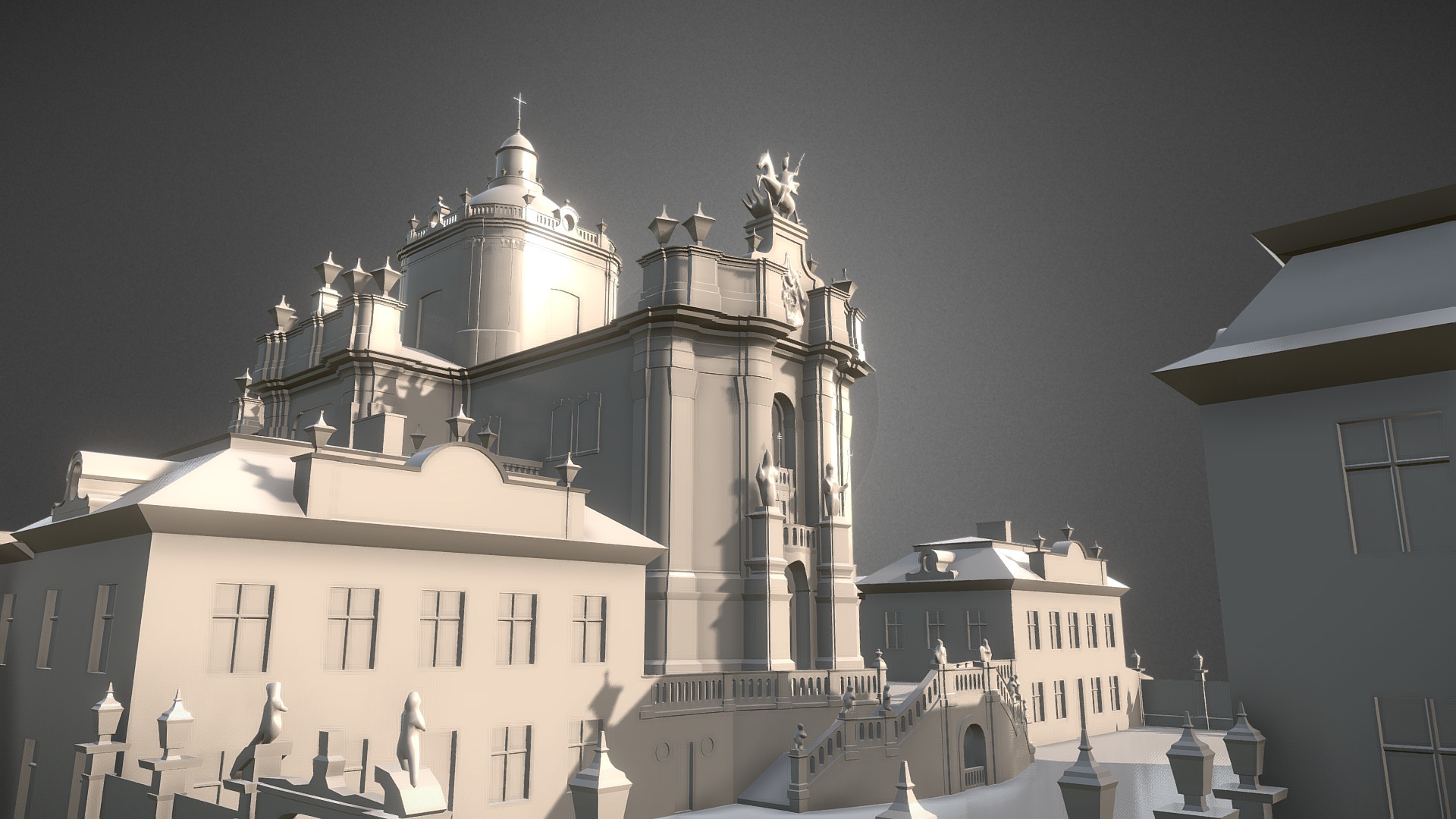 3D model Baroque Cathedral - This is a 3D model of the Baroque Cathedral. The 3D model is about a large white building with a statue on top.