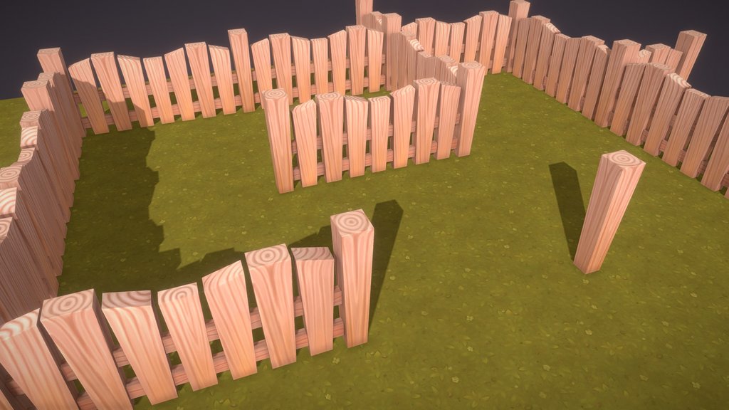 Low Poly wood fence on grass