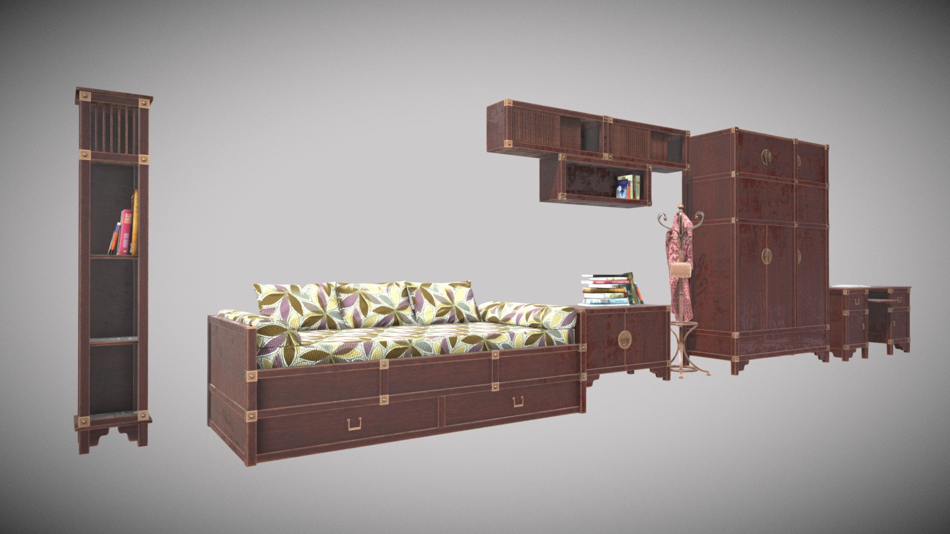 3D model Set Asky - This is a 3D model of the Set Asky. The 3D model is about a room with a bed and shelves.