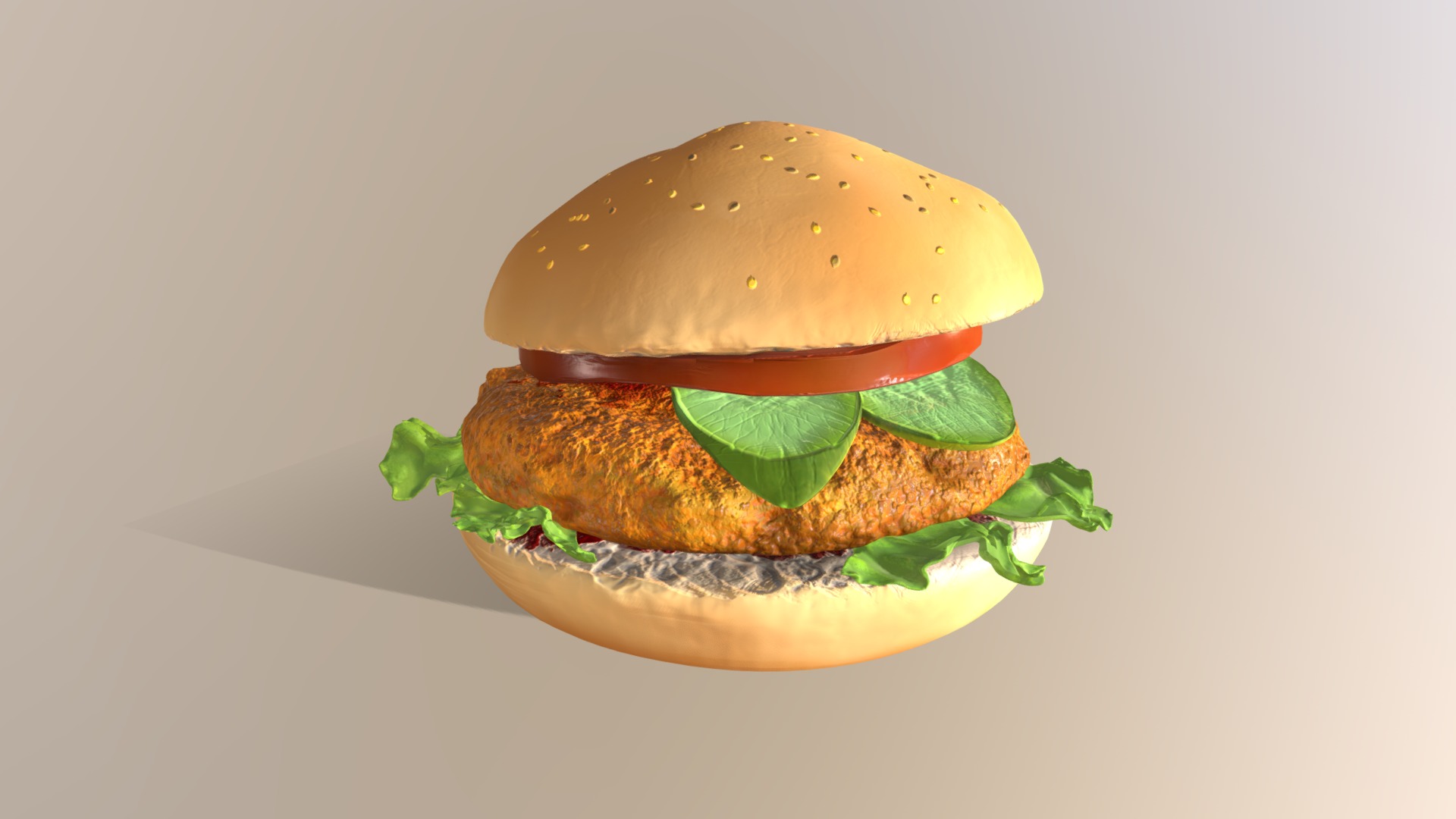 3D model Chicken Burger With Vegetables - This is a 3D model of the Chicken Burger With Vegetables. The 3D model is about a cheeseburger with lettuce and tomato.