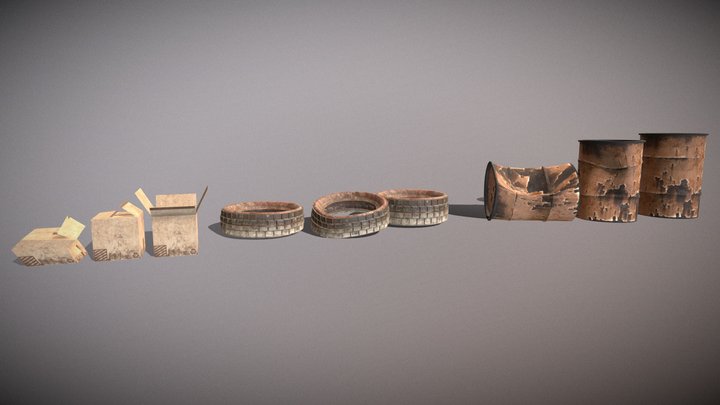 Wasteland (PROP: Barrel, tire, cardboard-box) 3D Model