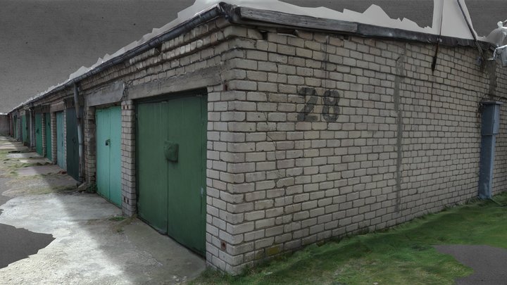 Long Brick Wall with many Garage Doors 3D Model