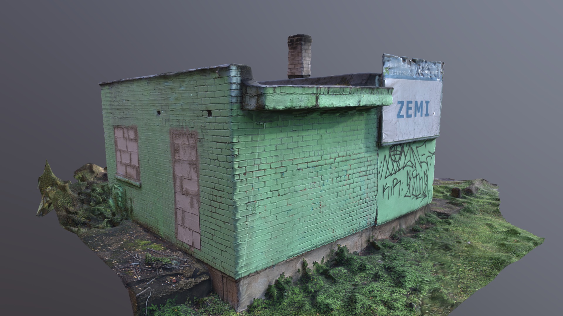 3D model Green Abandoned House - This is a 3D model of the Green Abandoned House. The 3D model is about a green house with a sign on it.