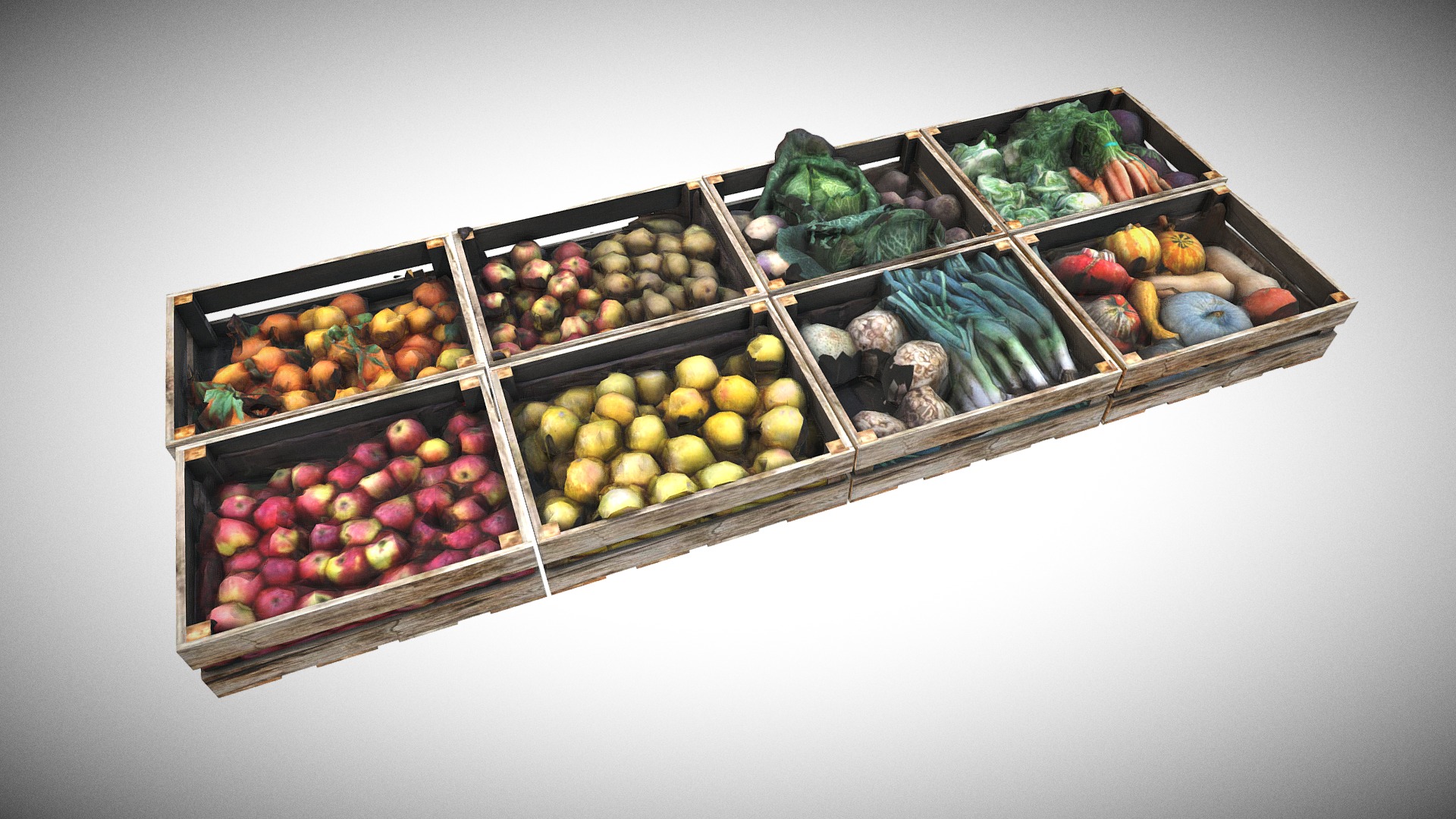 3D model Fruit & Vegetable Pack - This is a 3D model of the Fruit & Vegetable Pack. The 3D model is about a group of baskets full of fruits.