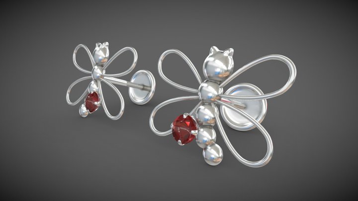 Silver earring (Red-dragonfly) - arete plata 3D Model