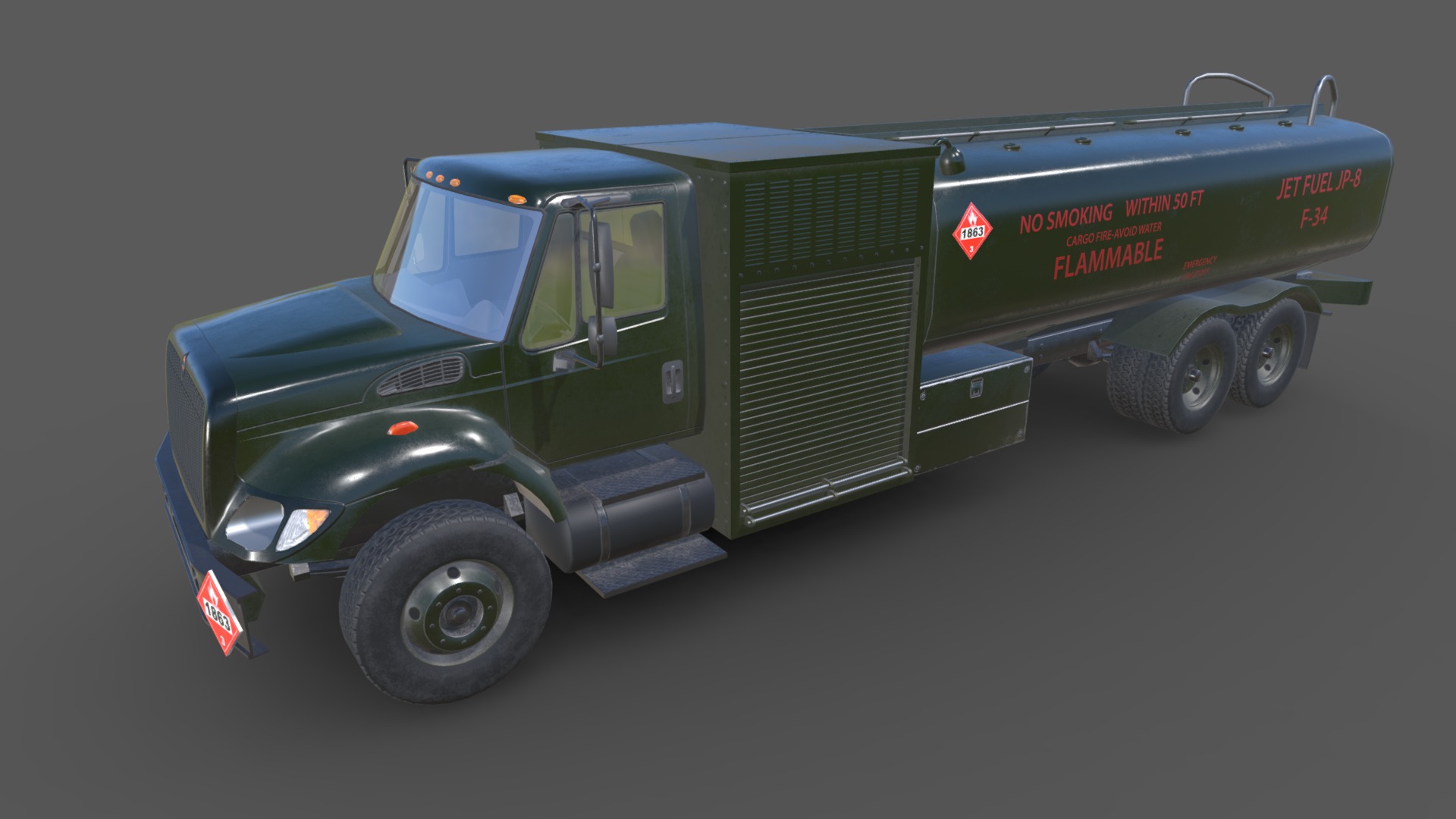 3D model International 7400 Refueler Green - This is a 3D model of the International 7400 Refueler Green. The 3D model is about a green truck with a trailer.