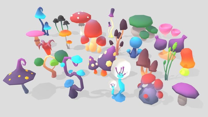 Stylized Low Poly Mushrooms Pack 01 3D Model