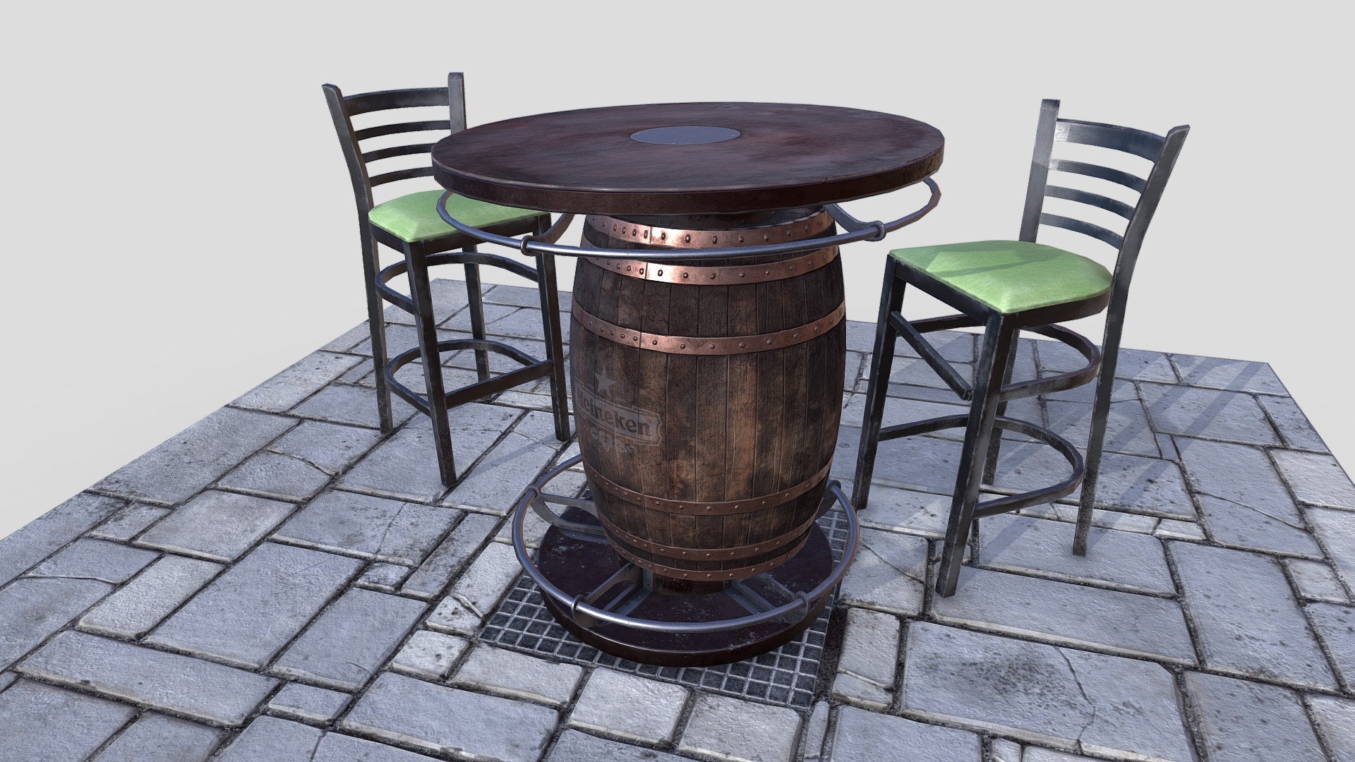 3D model Wood Barrel Table and Chairs/ PBR Textures - This is a 3D model of the Wood Barrel Table and Chairs/ PBR Textures. The 3D model is about a drum set and chairs.