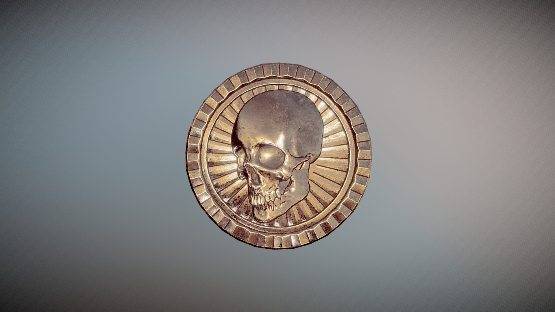 3D model Skull Coin lowpoly game asset - This is a 3D model of the Skull Coin lowpoly game asset. The 3D model is about a circular object with a design on it.