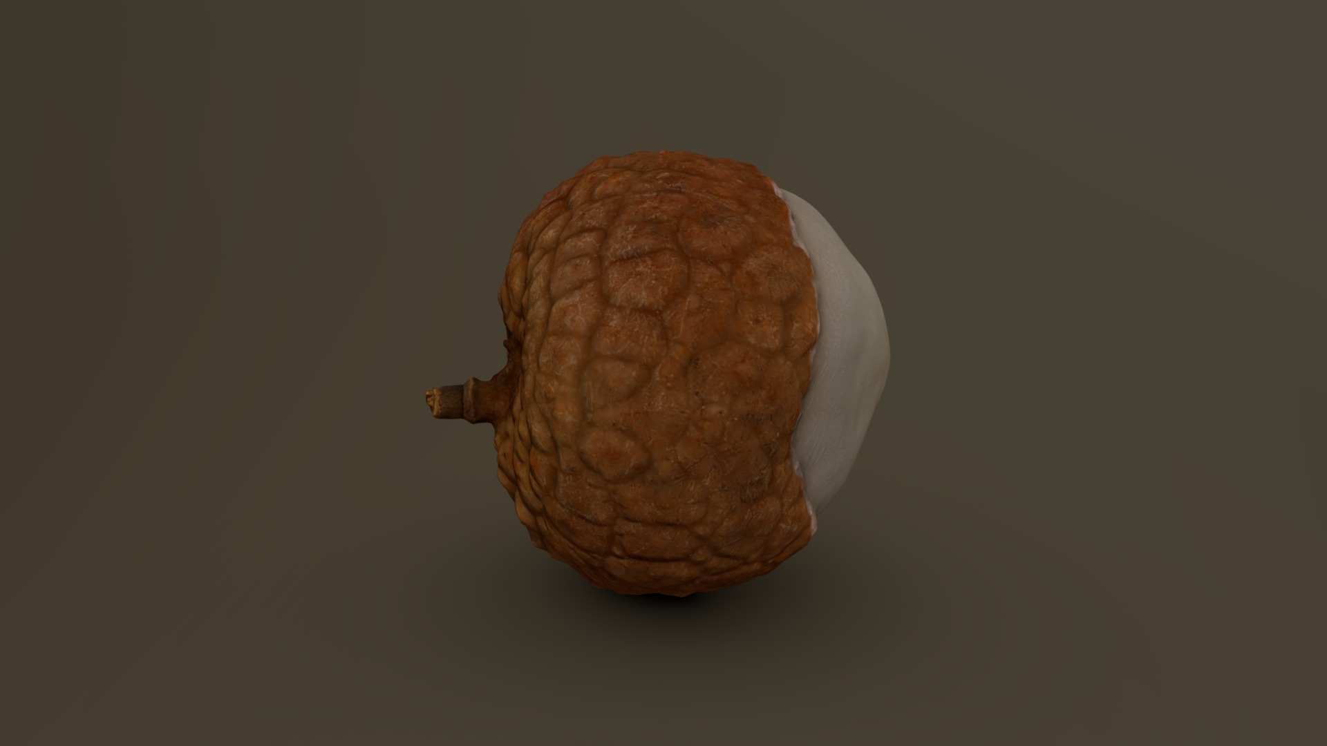 3D model Partially Peeled Lychee 07 - This is a 3D model of the Partially Peeled Lychee 07. The 3D model is about a brown mushroom on a grey background.