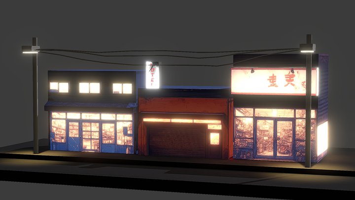 Asian Night Scene Low Poly 3D Model