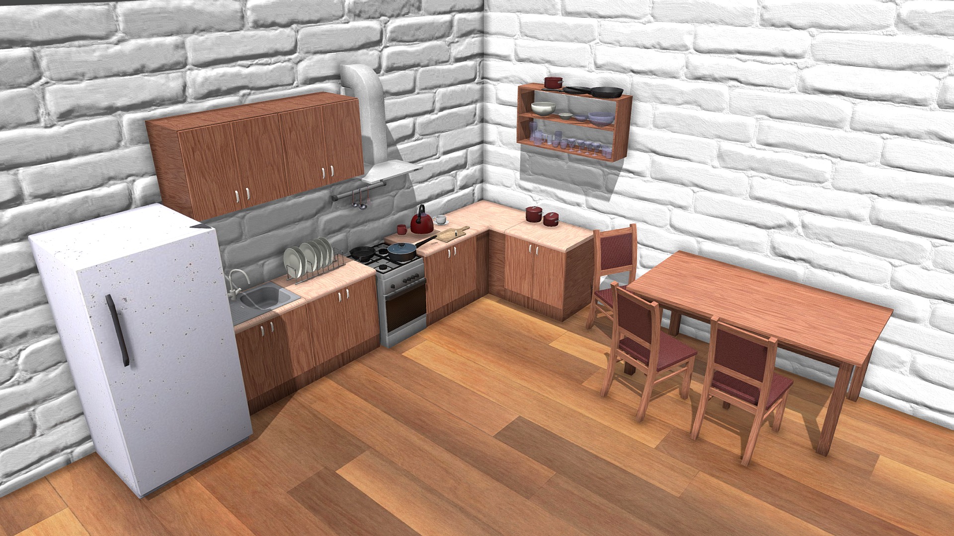 3D model Kitchen Scene – Kitchen Pack v2 - This is a 3D model of the Kitchen Scene - Kitchen Pack v2. The 3D model is about a kitchen with a table and chairs.