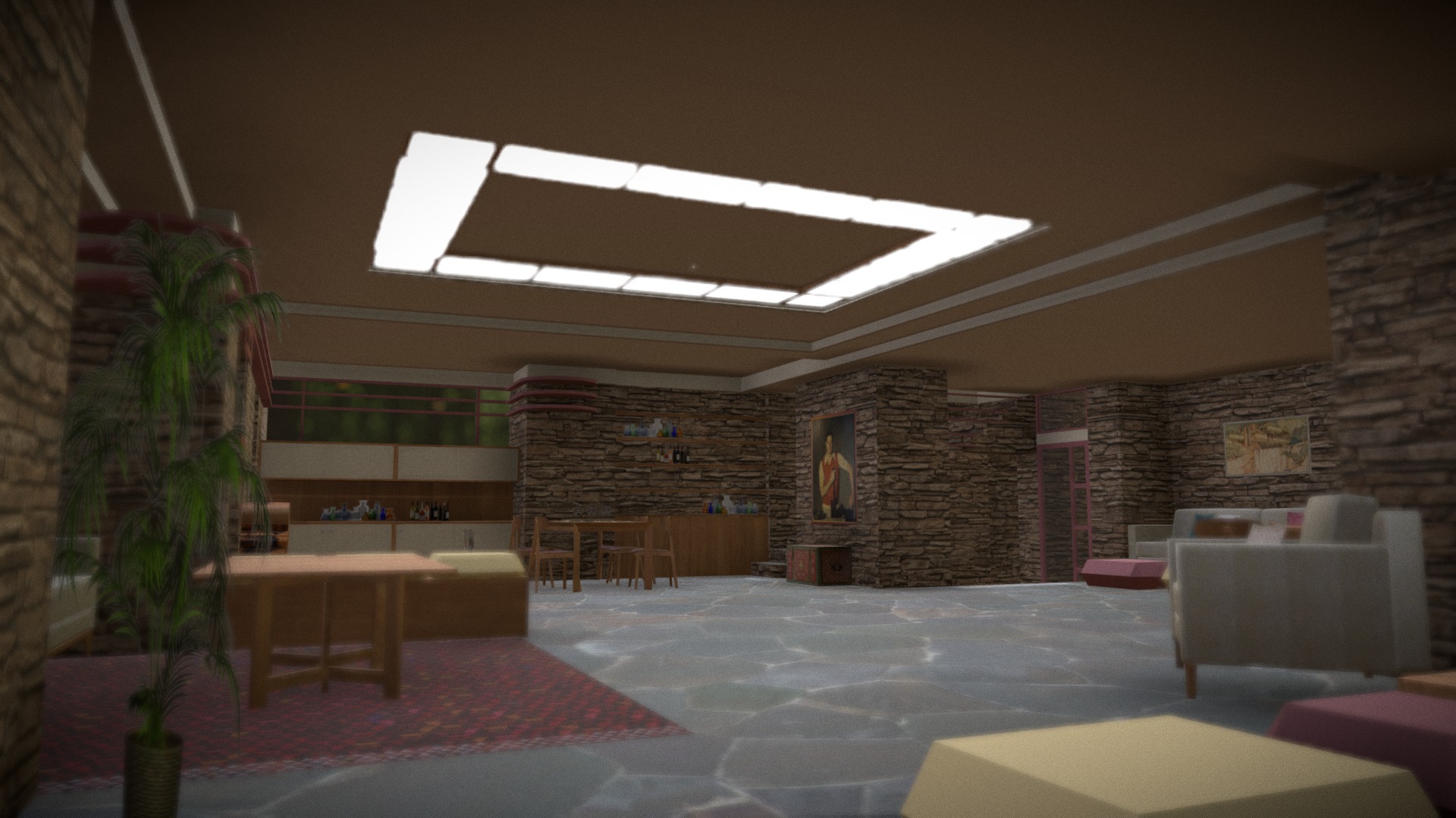 3D model Fallingwater Interior by Frank Lloyd Wright - This is a 3D model of the Fallingwater Interior by Frank Lloyd Wright. The 3D model is about a room with a brick wall and a brick wall with a table and chairs.