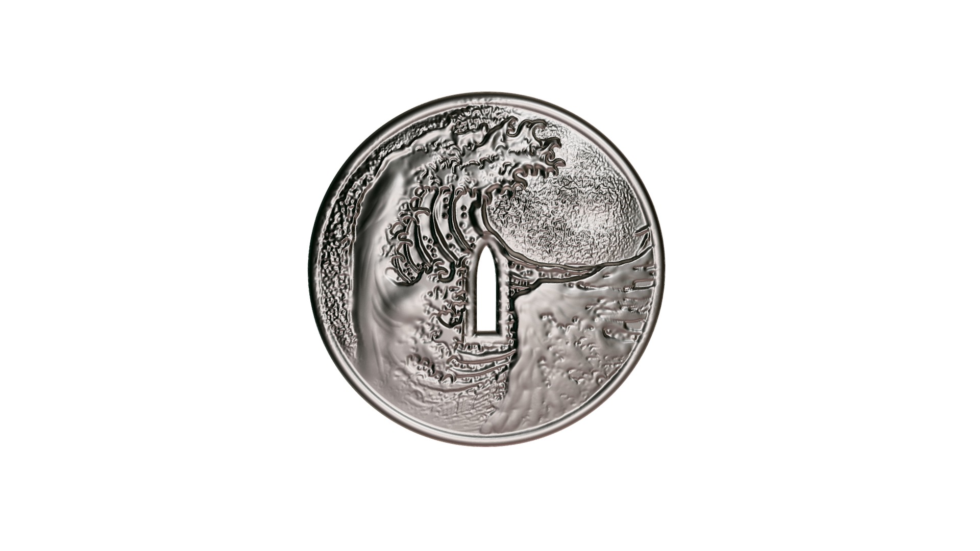 3D model Tsuba Kanagawa Pendant - This is a 3D model of the Tsuba Kanagawa Pendant. The 3D model is about a silver coin with a design.