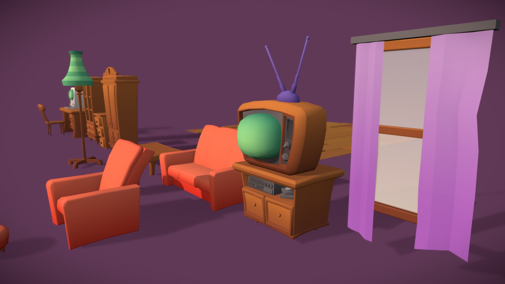 3D model Game ready furniture cartoon style asset - This is a 3D model of the Game ready furniture cartoon style asset. The 3D model is about a room with a couch and chairs.