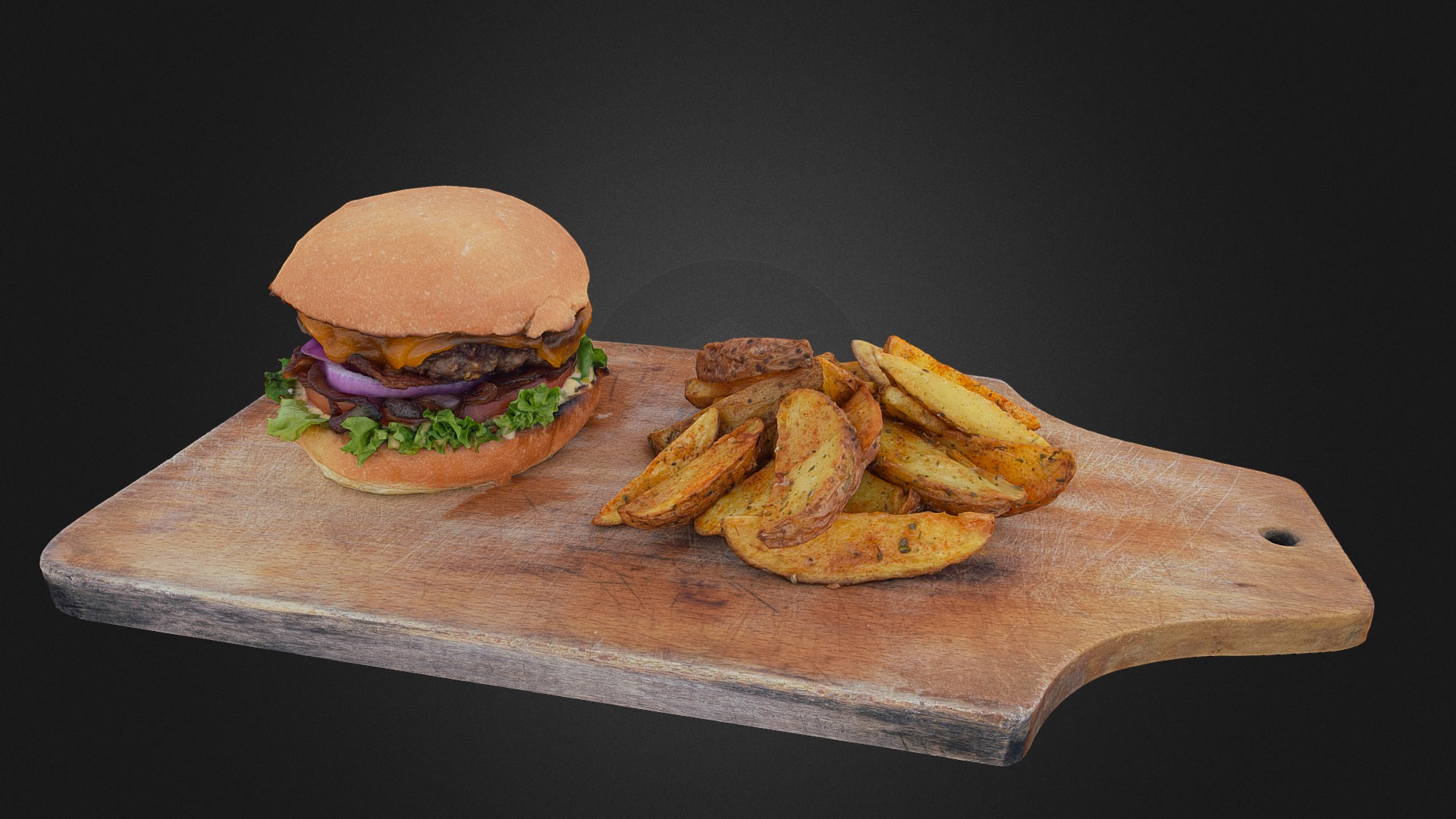 3D model 3D-BURGER - This is a 3D model of the 3D-BURGER. The 3D model is about a hamburger and fries on a cutting board.