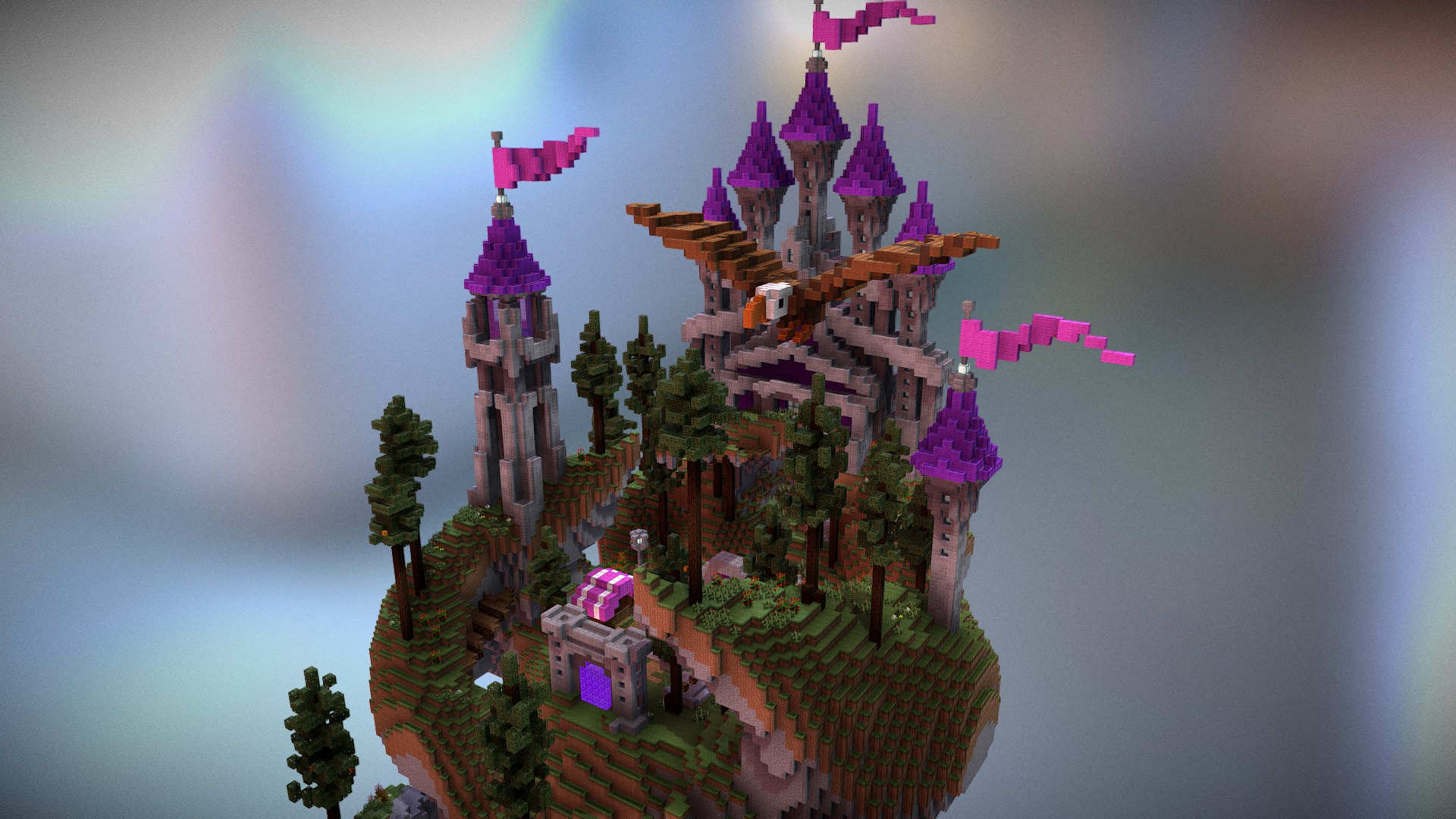 3D model Magica compact Spawn/Lobby - This is a 3D model of the Magica compact Spawn/Lobby. The 3D model is about a colorful castle with trees and a rainbow in the background.