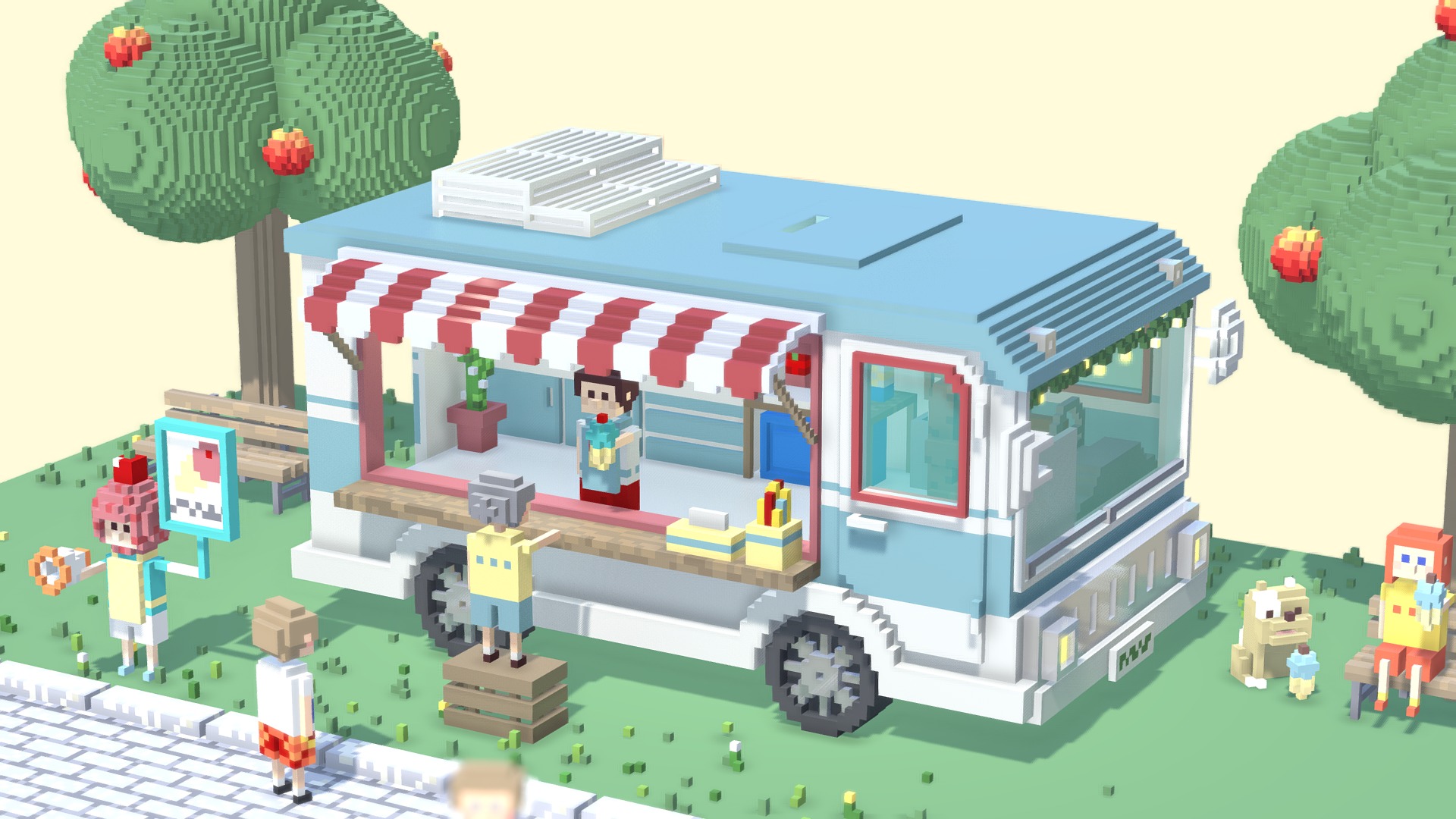 3D model voxel Icecream truck park - This is a 3D model of the voxel Icecream truck park. The 3D model is about a toy house with a tree and a train track.