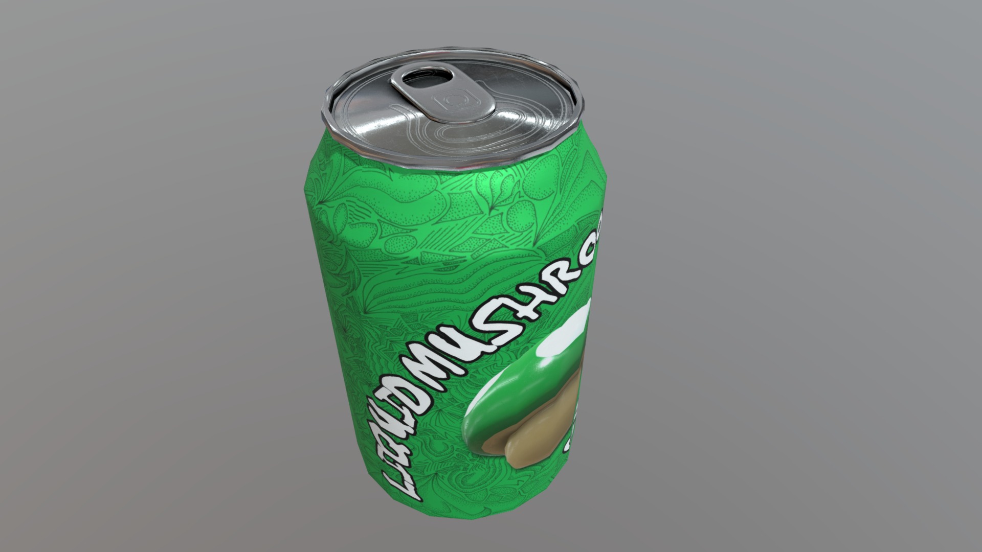 3D model Beverage Can – Liquid Mushroom - This is a 3D model of the Beverage Can - Liquid Mushroom. The 3D model is about a green can with a white label.