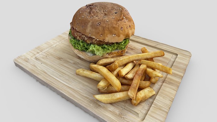Chicken burger with french fries 3D Model