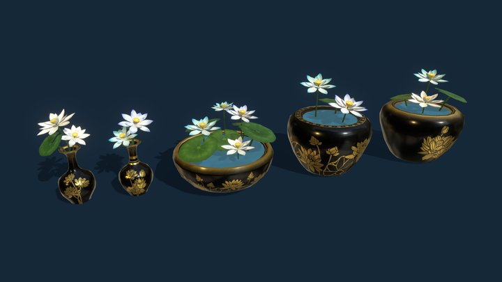Lotus Flowers in Vases and Water Pots 3D Model